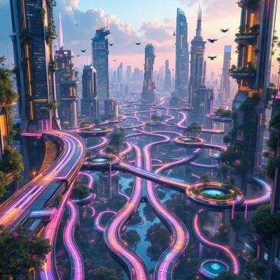 The primary subject of the image is a futuristic cityscape with a network of roads and bridges. The setting is a city with tall buildings and a skyline. The visual style is a digital art or illustration, creating a vibrant and colorful atmosphere. The dominant colors are pink, purple, and blue, giving the scene a unique and eye-catching appearance.